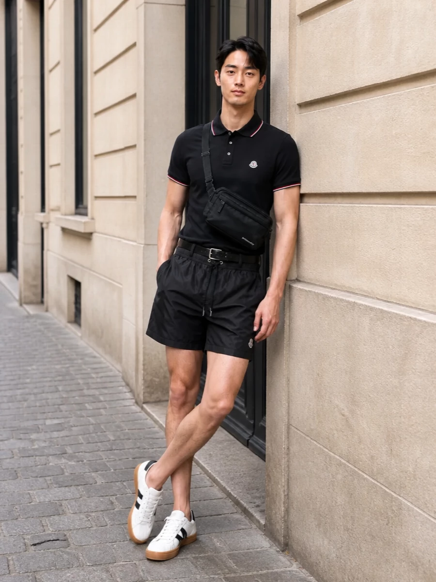 This look leans into refined sport: black Moncler swim shorts paired with the brand’s black tricolour-tipped polo create a streamlined, logo-coherent base that’s polished yet relaxed. White-and-black court sneakers lift the palette just enough, while a discreet black belt and compact Givenchy belt bag finish the outfit with functional, city-ready sophistication that still feels right at the coast or pool bar.