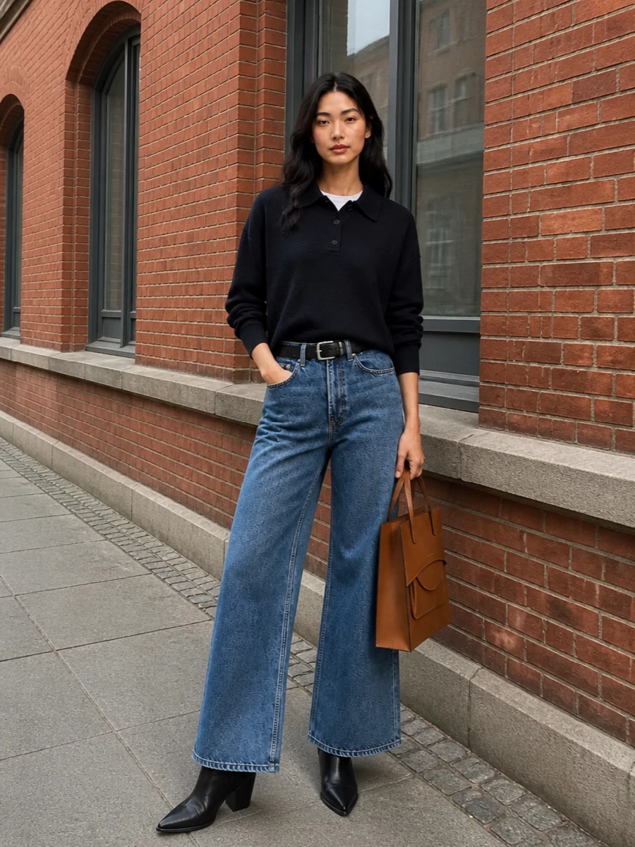 Anine Bing’s high-rise wide-leg denim is grounded with a navy knit polo, creating a clean, collegiate take on relaxed tailoring. A pointed black ankle boot sharpens the volume at the hem, while a tan structured tote and slim black belt bring just enough contrast and definition to keep the silhouette precise but easy for every day.