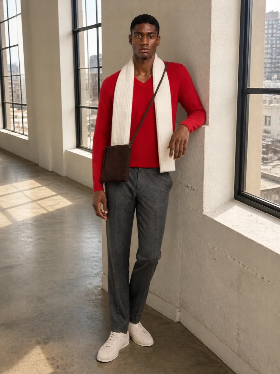Auralee red sweater barena trousers ami sneakers