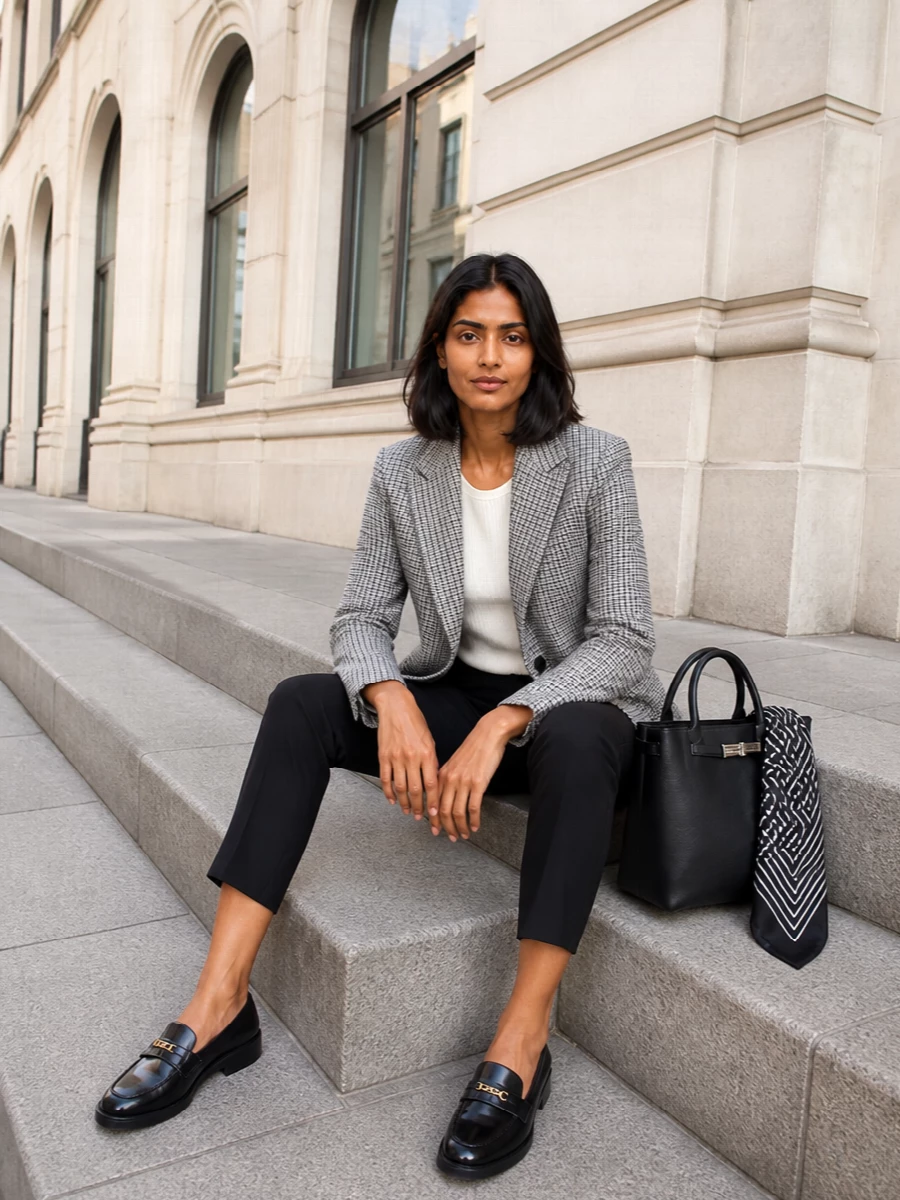 Tagliatore checked blazer black trousers outfit