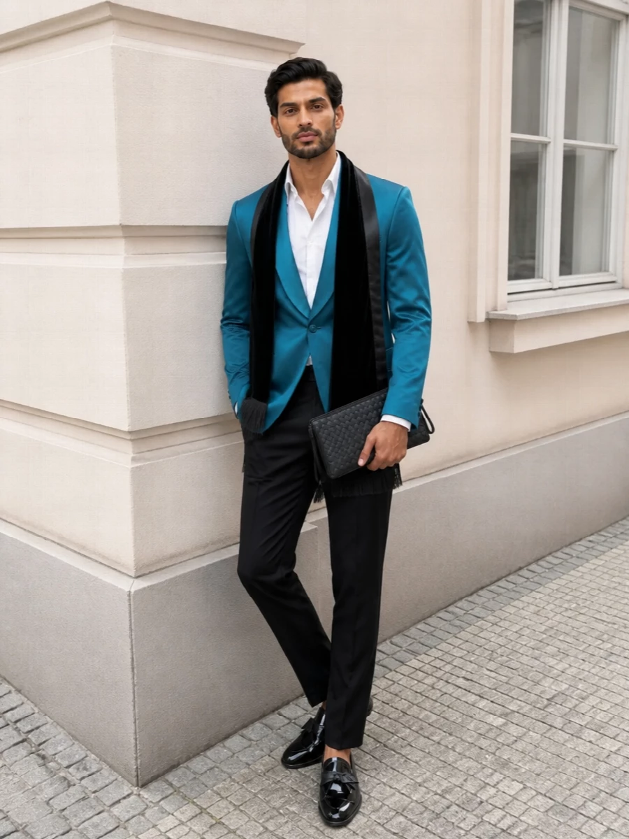 A teal satin shawl-collar dinner jacket sits against sharp black tailoring for a black-tie moment that feels confident rather than loud. Patent opera-style loafers and an intrecciato clutch keep every detail hyper-refined while the velvet scarf adds a quiet layer of texture. The result is a precise, modern tux ensemble that reads luxurious from every angle.