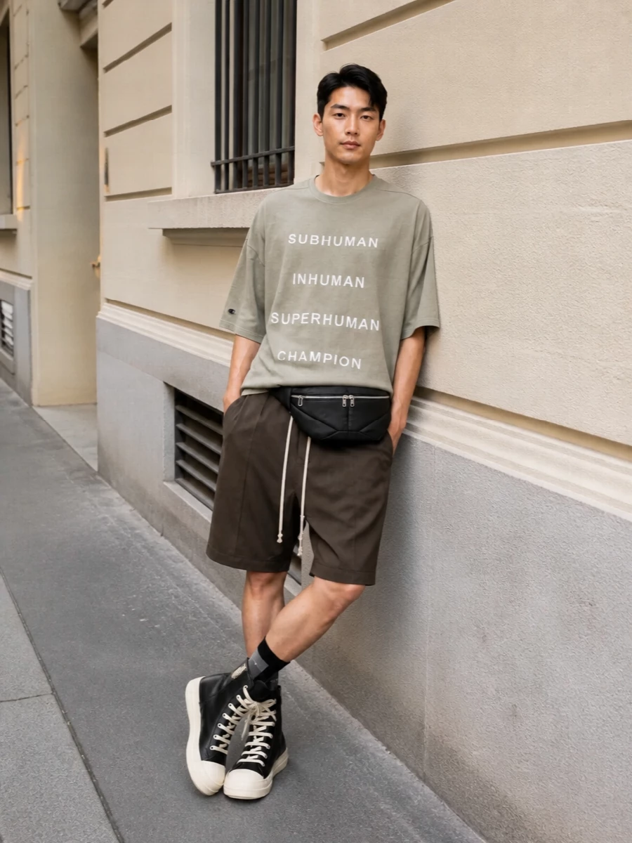 Dusty khaki and deep olive keep the palette tightly tonal, letting the oversized slogan tee and drop-crotch shorts do the talking. Chunky black hi-tops and a padded belt bag ground the volume with graphic weight, so everything reads intentional rather than slouchy.