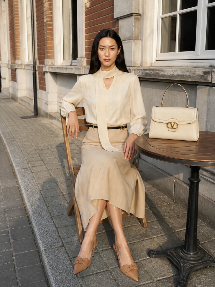 Valentino beige midi skirt outfit nude heels