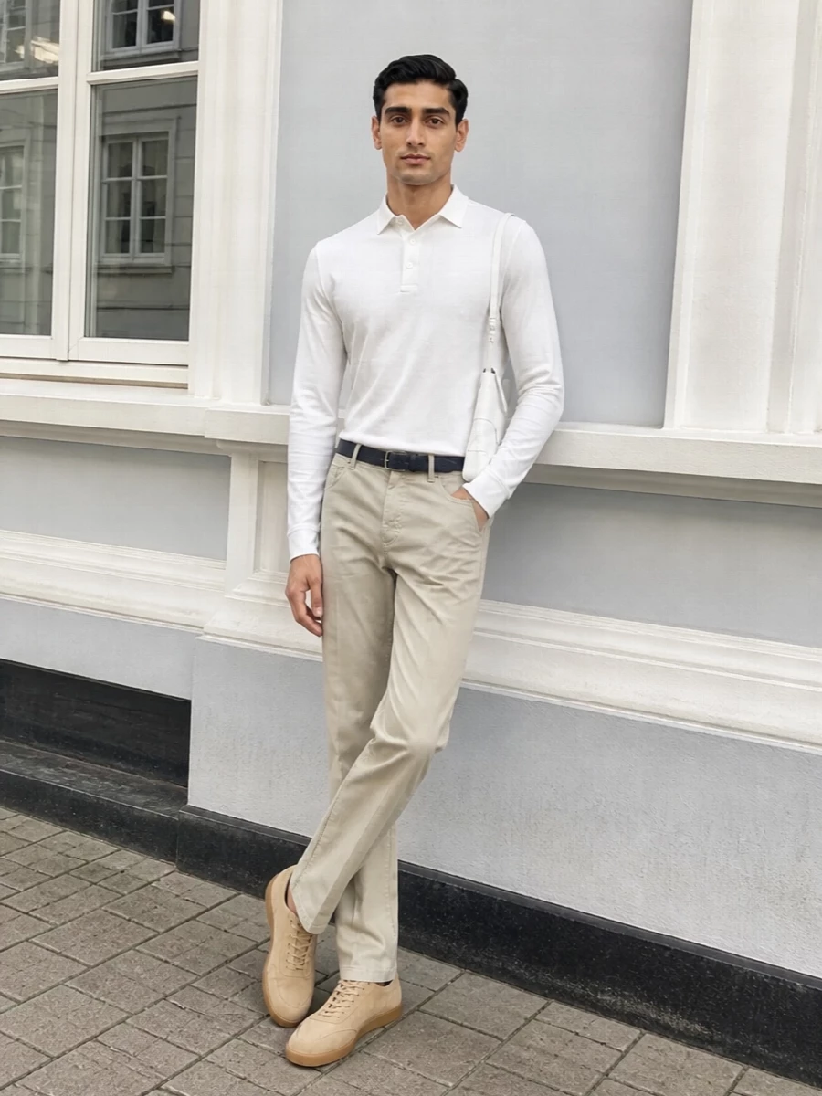 Zegna white polo beige trouser suede sneakers