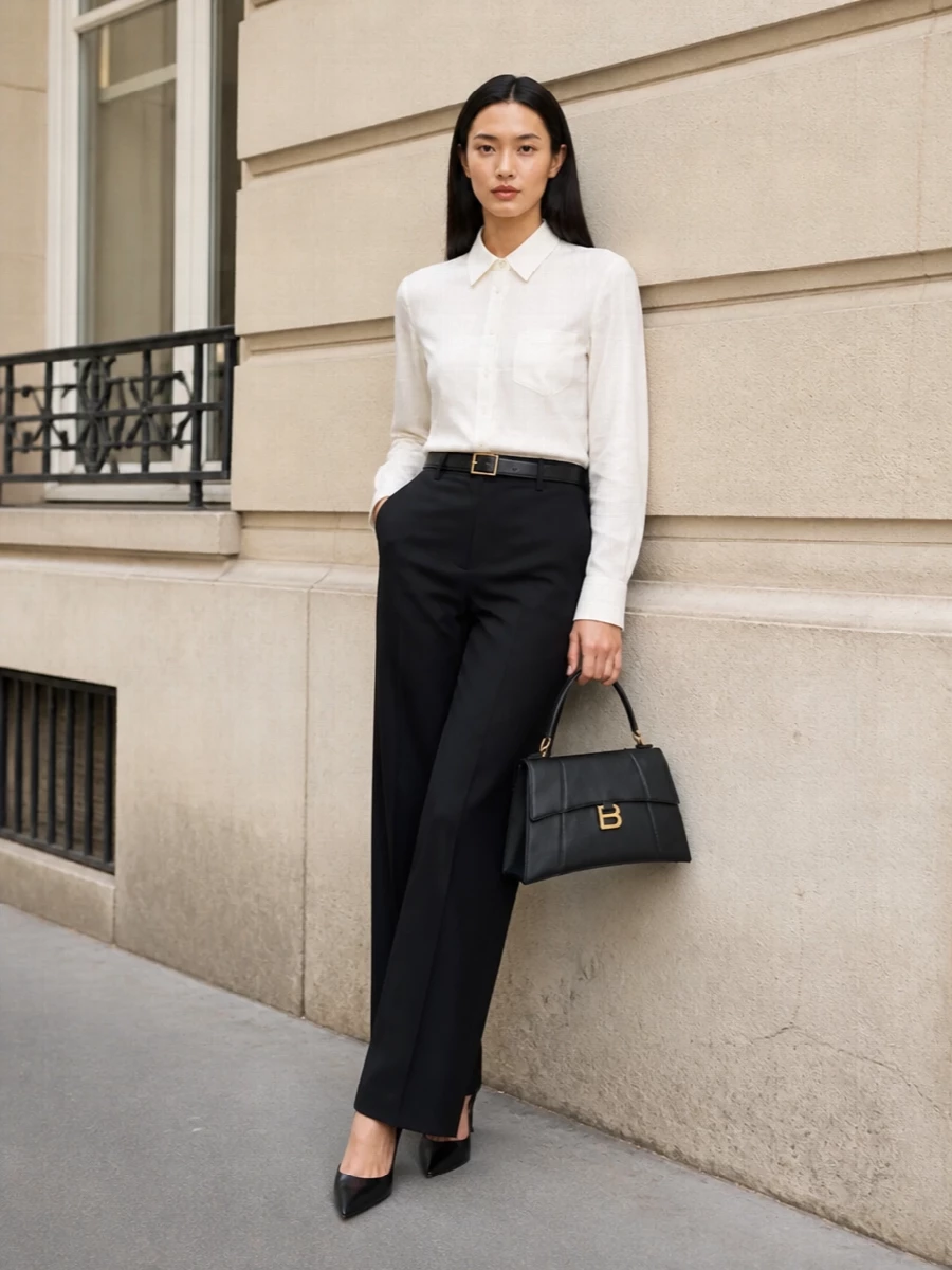 Prada wide leg trousers ivory jacquard shirt outfit