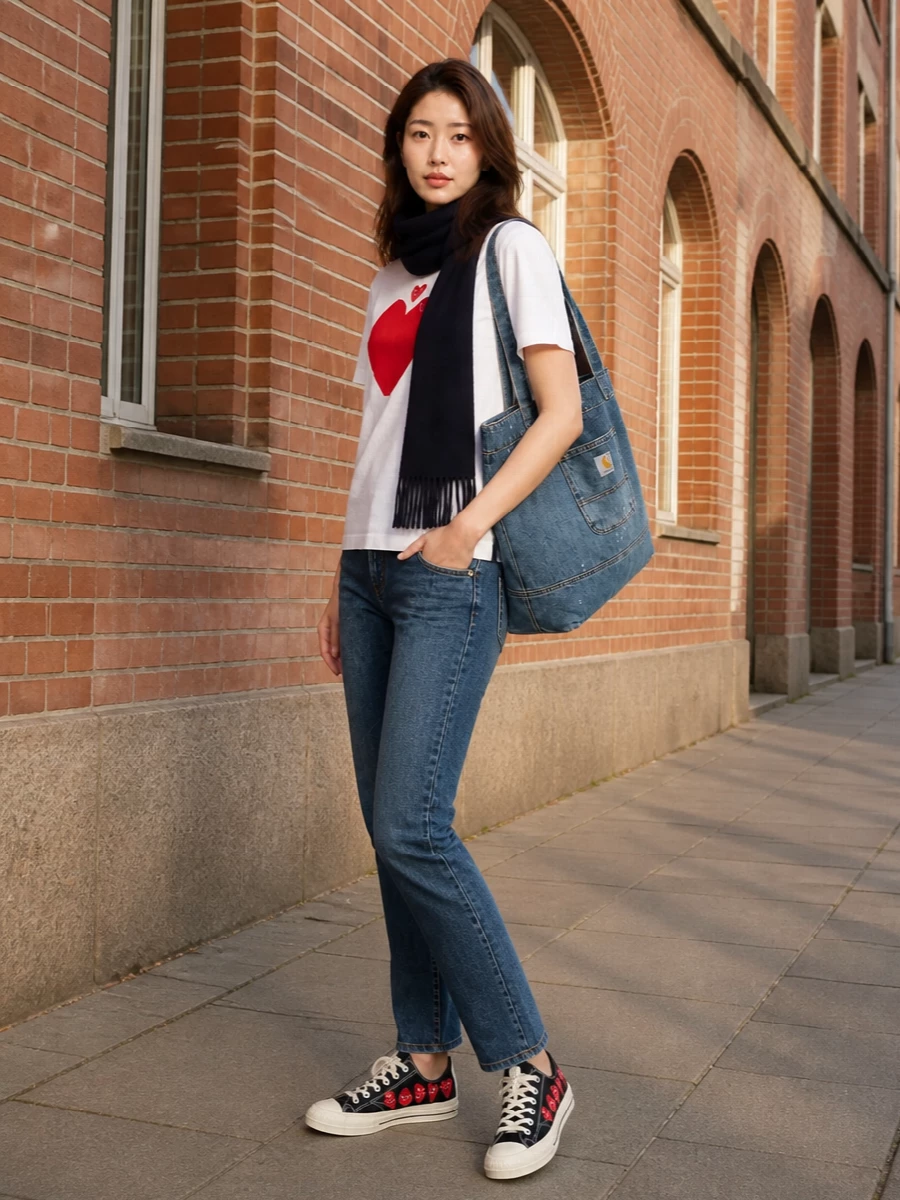 This is graphic street prep with a soft edge, anchored by matching Comme des Garçons Play hits and a workwear-leaning denim tote. The palette stays tight around red, white, black and blue, with a navy scarf adding depth and winter practicality without crowding the bold heart motif. It feels easy for city days, campus or casual Fridays, reading considered but relaxed from head to toe.