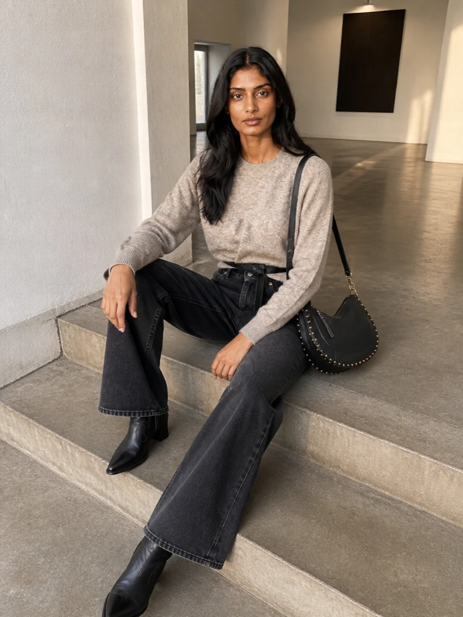 Isabel marant wide leg jeans oatmeal sweater boots