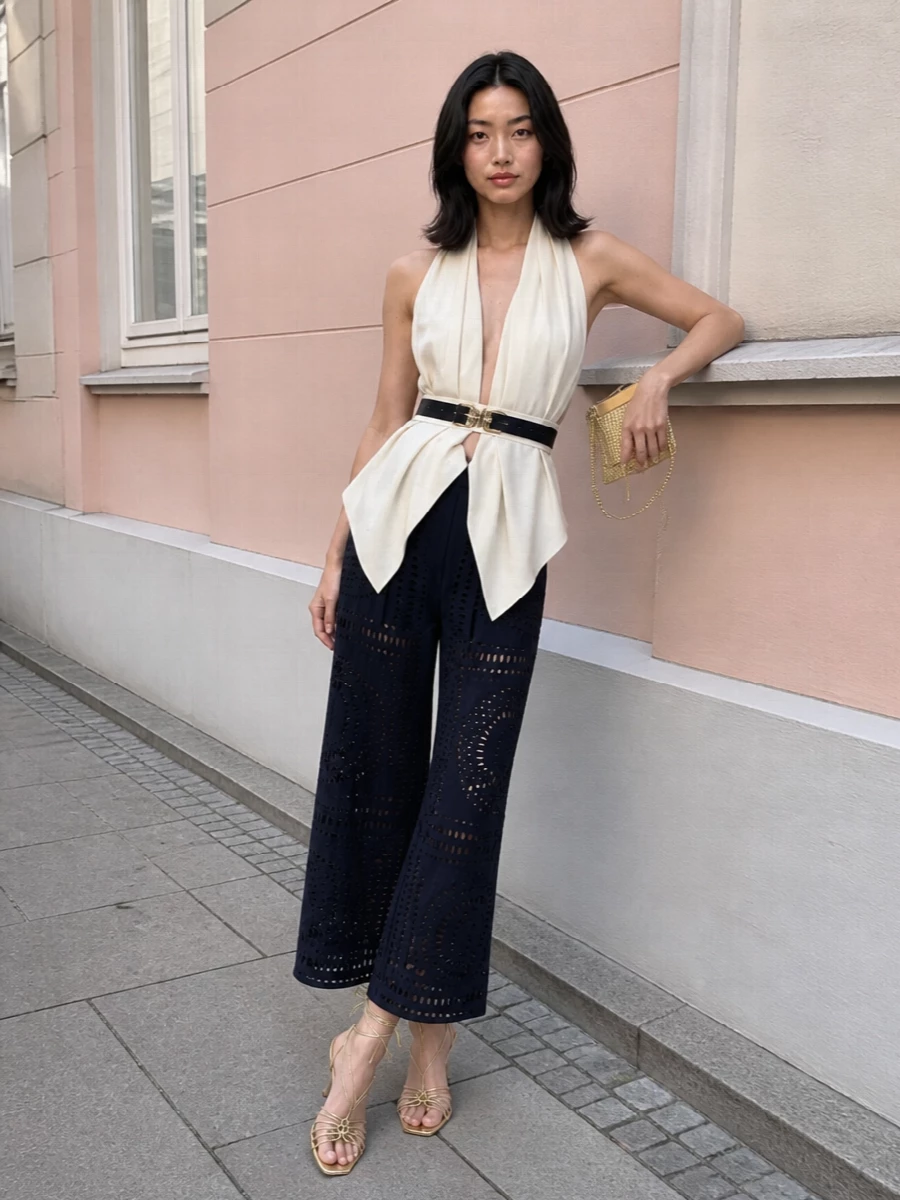 Midnight navy cut-out trousers meet a creamy Ferretti halterneck for a romantic evening pairing that feels sculpted yet weightless. Metallic gold sandals and a compact gold bag add just enough light, keeping the focus on the graphic embroidery and fluid drape. The result is polished cocktail dressing with a clear, modern Italian softness.