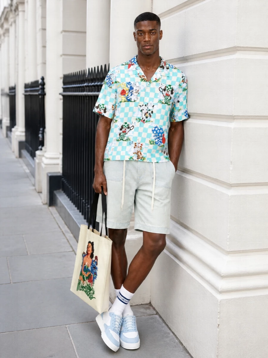 Kenzo camp shirt pastel shorts blue sneakers