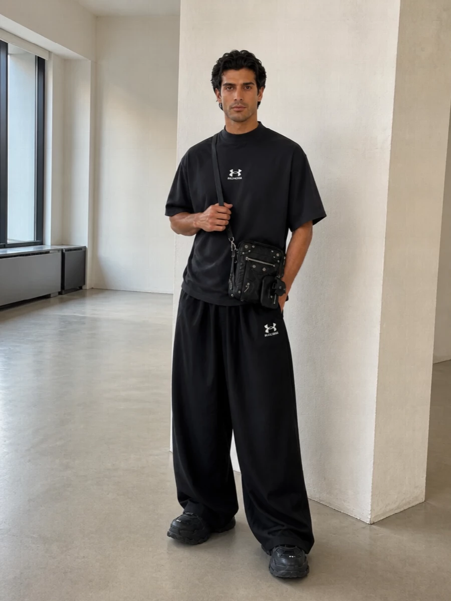 Balenciaga black wide track pants chunky sneakers