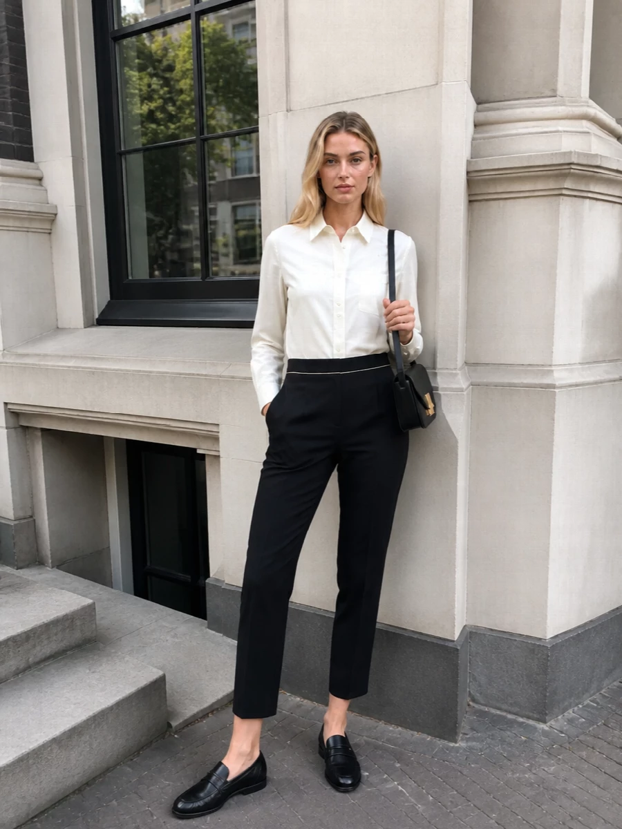 Crisp ivory shirting with slim cropped black tailoring gives the loafer that classic, understated city uniform energy. The clean ankle crop shows off the shoe, while the structured black-and-gold bag quietly syncs with its hardware for a polished, modern finish.