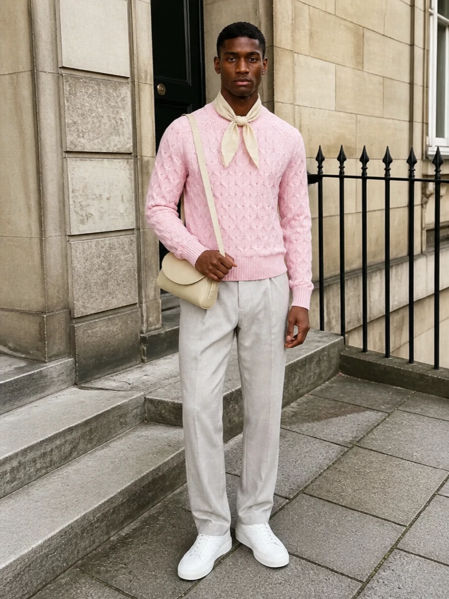 Sefr pink cable knit brunello beige trousers