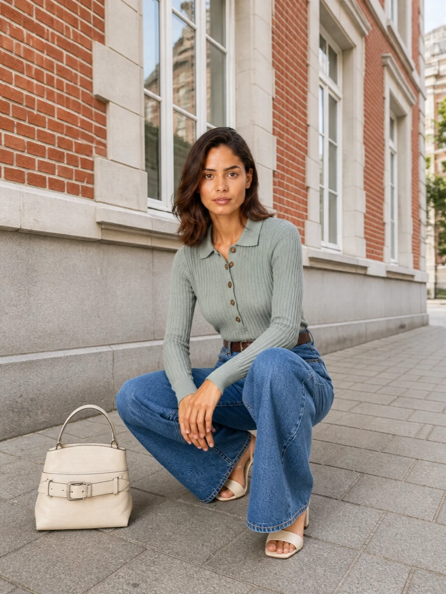 High-rise wide-leg denim meets a ribbed sage polo for a clean, soft-spoken take on modern day dressing. Cream mules and a structured buttercream top-handle keep the palette light, while a chocolate belt sharpens the waist and anchors the silhouette. The result is quietly confident and easy to wear from morning errands to an understated dinner reservation.