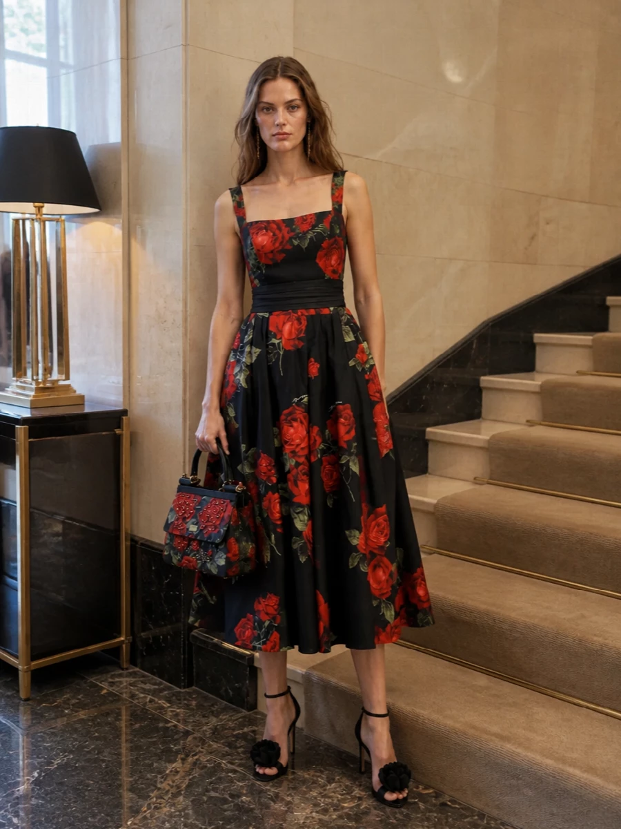 Dolce&Gabbana’s rose dress stays centre stage, framed by inky-black accessories that sharpen the silhouette rather than compete with it. A sculpted floral sandal, jeweled rose bag and quiet gold earrings create a cinematic, cocktail-ready ensemble that feels rich but tightly edited. The pleated waist belt subtly corsets the bodice, so the full skirt moves like a curtain of roses around a perfectly defined waist.