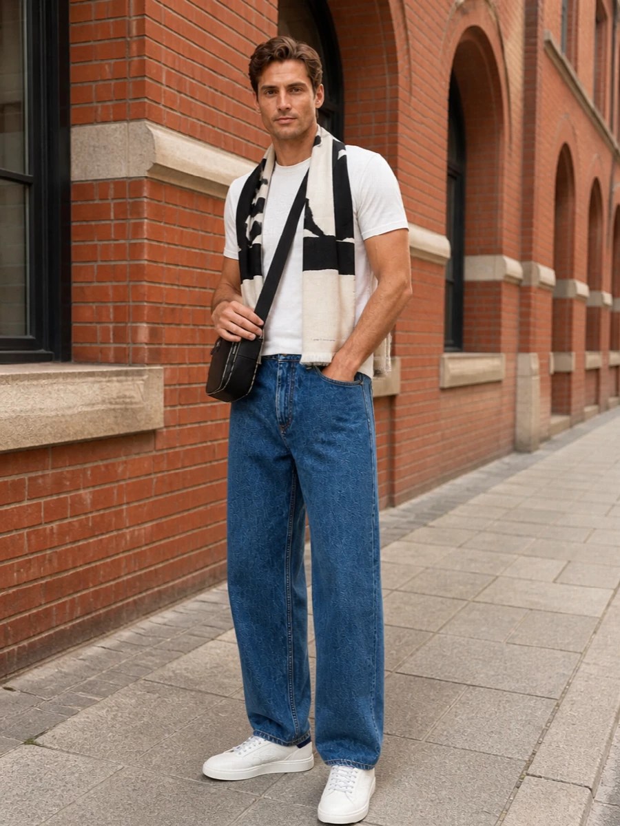 Burberry wide leg jeans ivory tee white sneakers