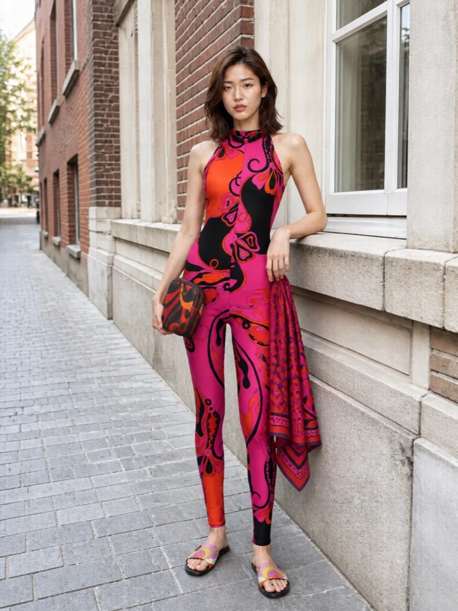Head-to-toe Pucci print turns the catsuit into a full graphic statement, with flat slides and a compact pouch keeping the mood fun, luxe and easy to move in. The matching pareo gives you styling flexibility, from hip wrap by day to scarf for sunset drinks. It is a high-impact resort ensemble that feels as confident on the beach club deck as it does at an after-sun party.