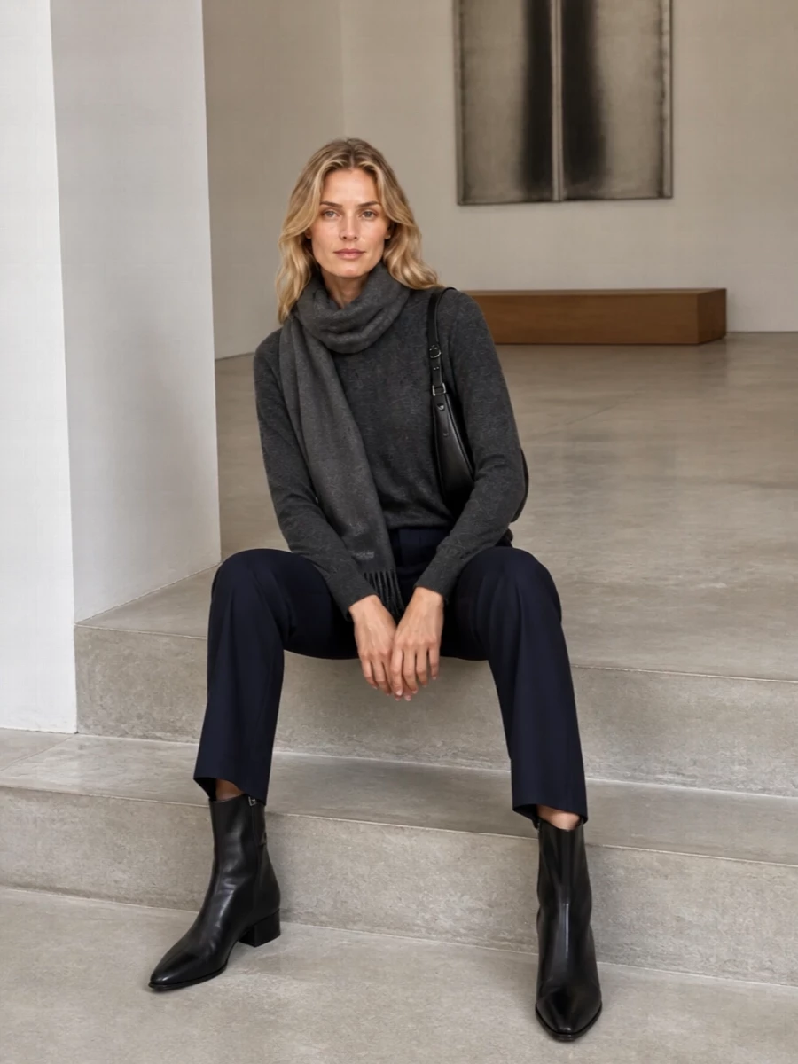 Charcoal and deep navy keep this pairing intentionally restrained, letting the clean lines do the work. The straight-leg trouser sharpens the soft knit into something office ready yet relaxed enough for long days. Black boots and a sculpted shoulder bag finish it with quiet structure rather than shine.