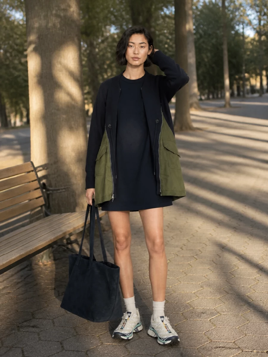 Sacai navy utility dress salomon sneakers outfit