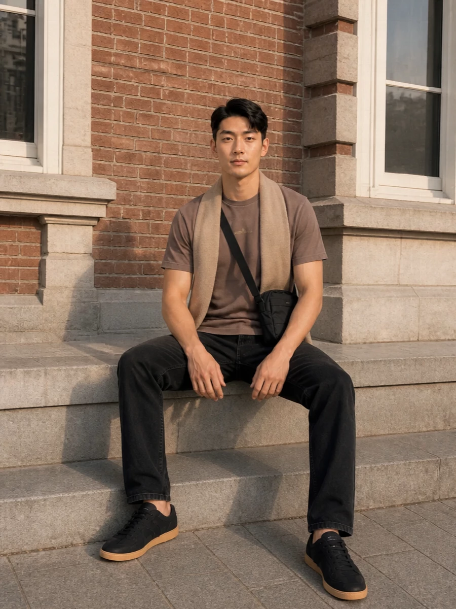 Stone island taupe t shirt black jeans outfit