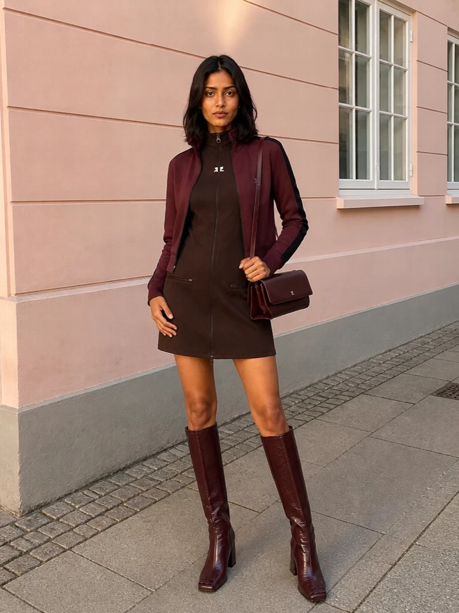 Courreges burgundy track jacket mini dress outfit