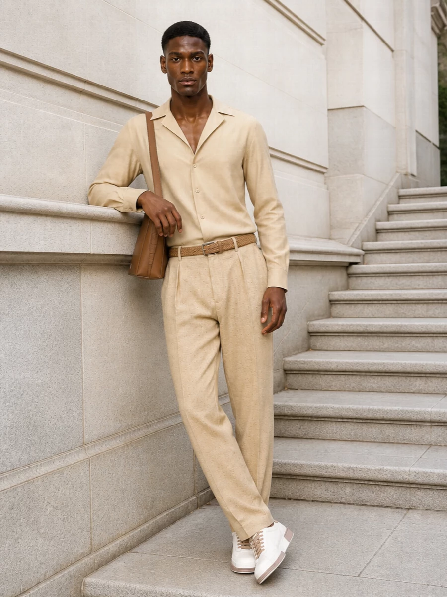 A sand-toned palette keeps everything calm and precise, from the soft open-collar shirt down to the pleated trouser. The proportions stay relaxed but controlled, with the sneaker and braided belt keeping the mood smart yet easy for daytime terraces, gallery afternoons or city dinners. It is an understated Riviera take on tailoring that reads quietly expensive rather than formal.