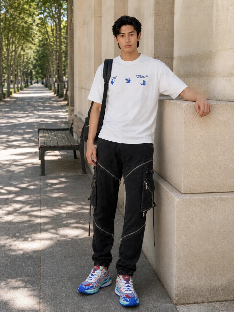 Off white sneakers black cargo pants logo tee
