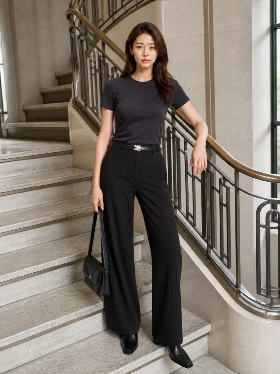 Courreges pinstripe trousers minimalist black tee