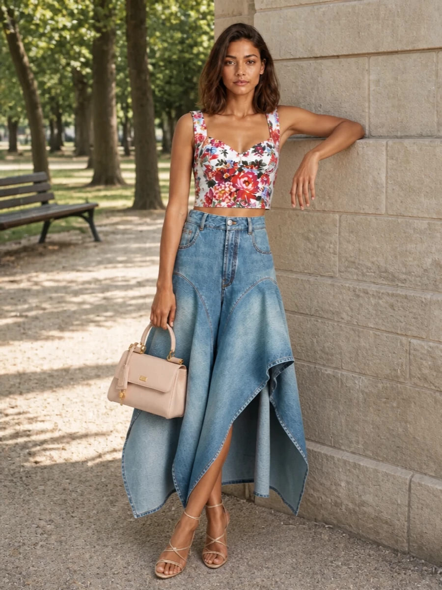 Light-wash architectural denim meets a floral corset top for a romantic, sculpted take on day-to-night dressing. Champagne straps and a blush top-handle keep the palette soft and luminous, so the skirt’s movement remains the quiet drama. It feels feminine, polished and unapologetically special without tipping into costume.