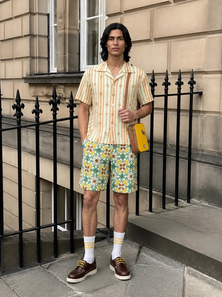 Drole de monsieur mint shorts striped shirt outfit