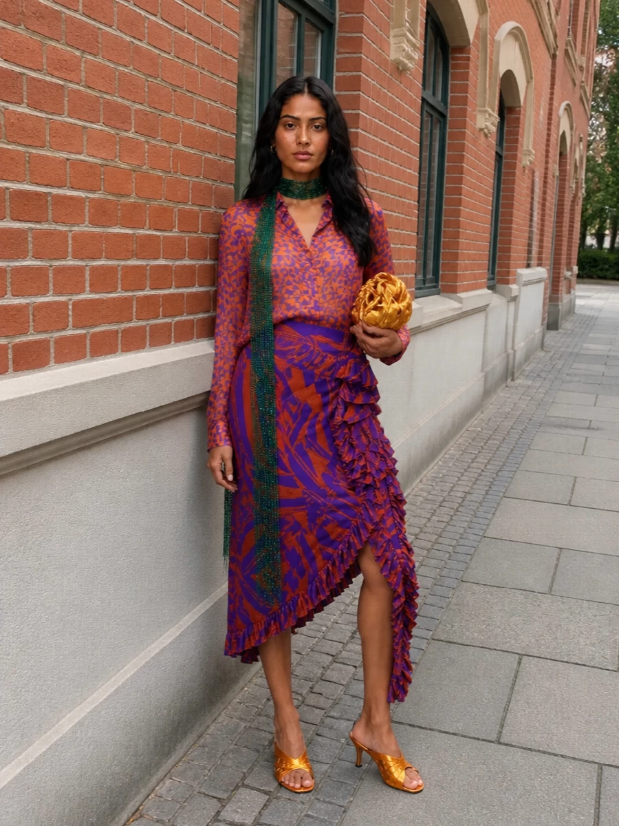 A head-to-toe Dries moment that leans into the electric orange and violet story, pairing the sheer shirt with the asymmetric ruffled skirt for controlled, romantic drama. Metallic orange mules and a molten gold clutch keep the energy firmly in the evening, adding shine rather than extra print. The slim emerald scarf is a final, artful note of contrast, like a piece of soft sculpture against all that movement.