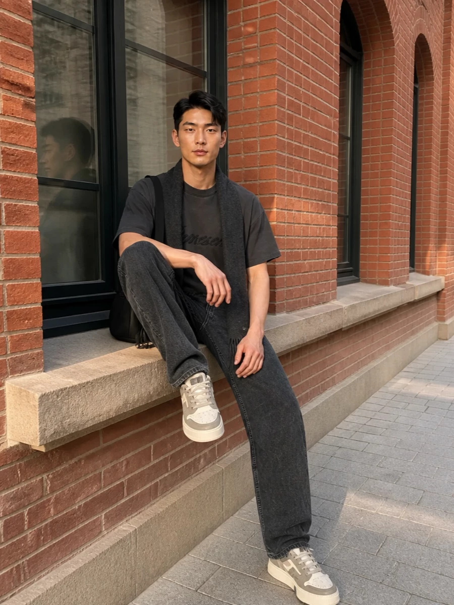 A washed charcoal tee sits against faded black denim for a tight, tonal street palette that feels considered without going formal. Chunky neutral sneakers break up the dark base just enough, while the soft black shoulder bag and slim charcoal scarf keep everything functional and low-key. It is a calm, modern uniform that moves easily from coffee runs to late-night city laps.