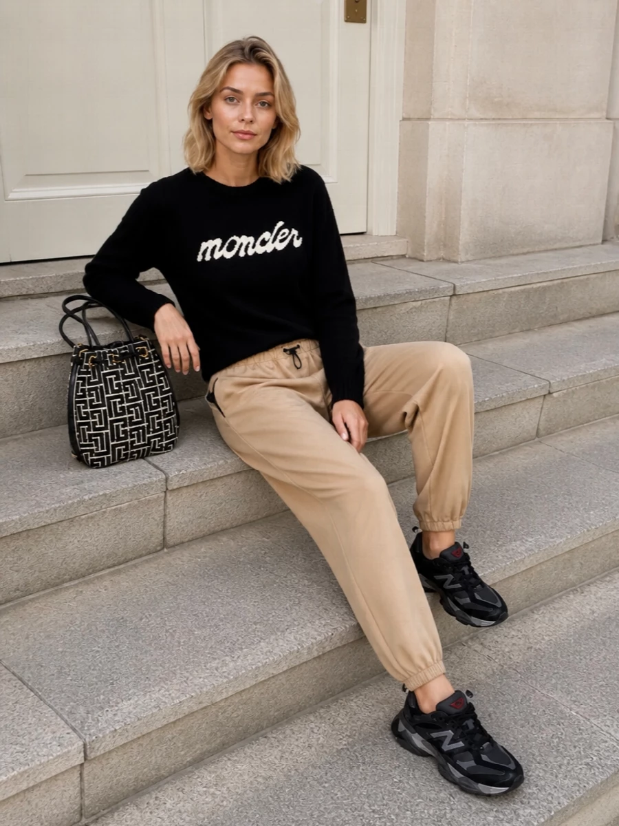 A graphic Moncler knit pairs with camel Miu Miu joggers for a quietly luxe take on sport that still feels relaxed enough for off-duty days. Chunky New Balance runners keep it grounded and practical, while the Balmain bucket bag adds a sharp monogram accent that connects the neutrals without overpowering the clean lines.