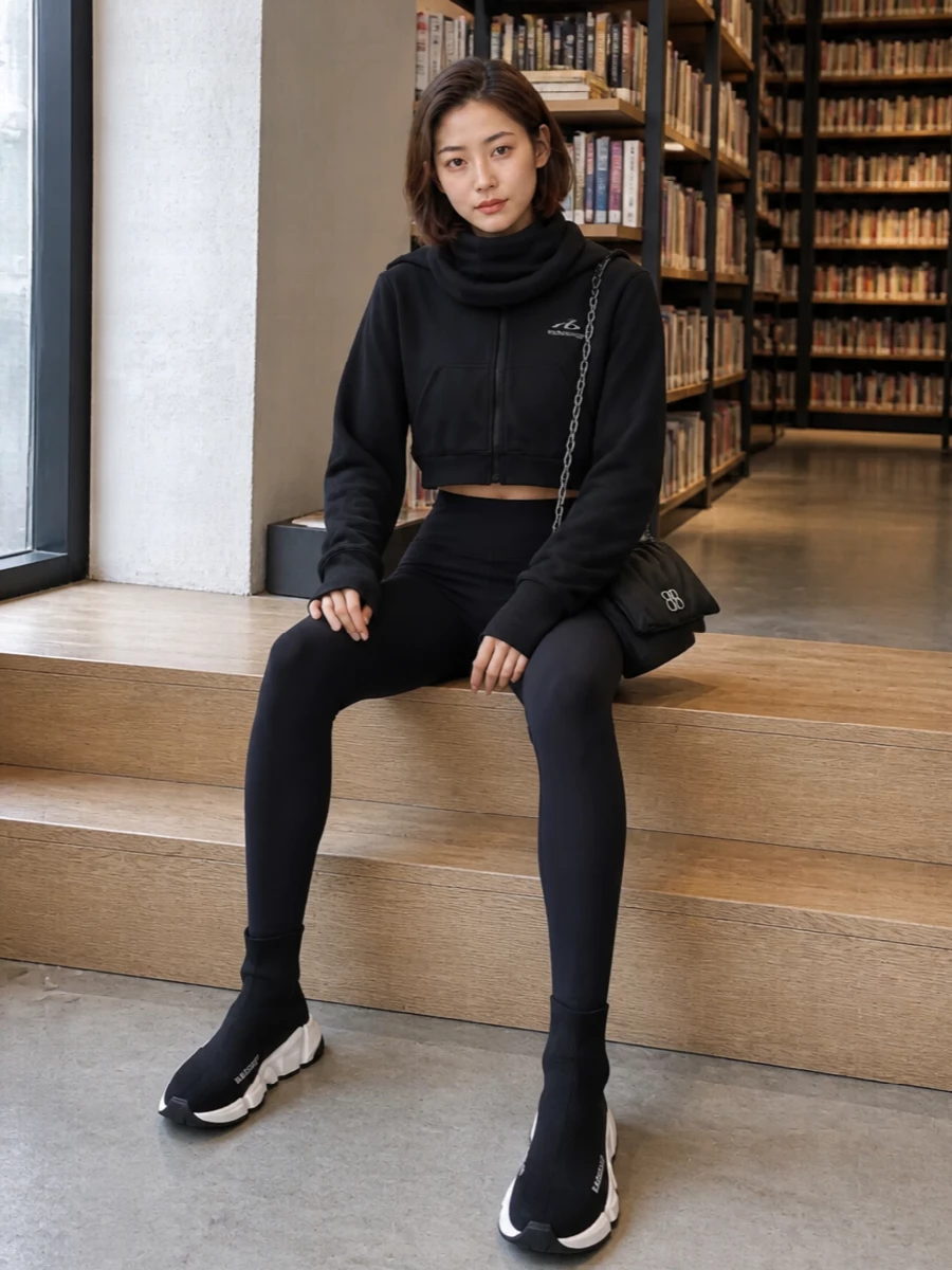 Balenciaga cropped hoodie black leggings sneakers