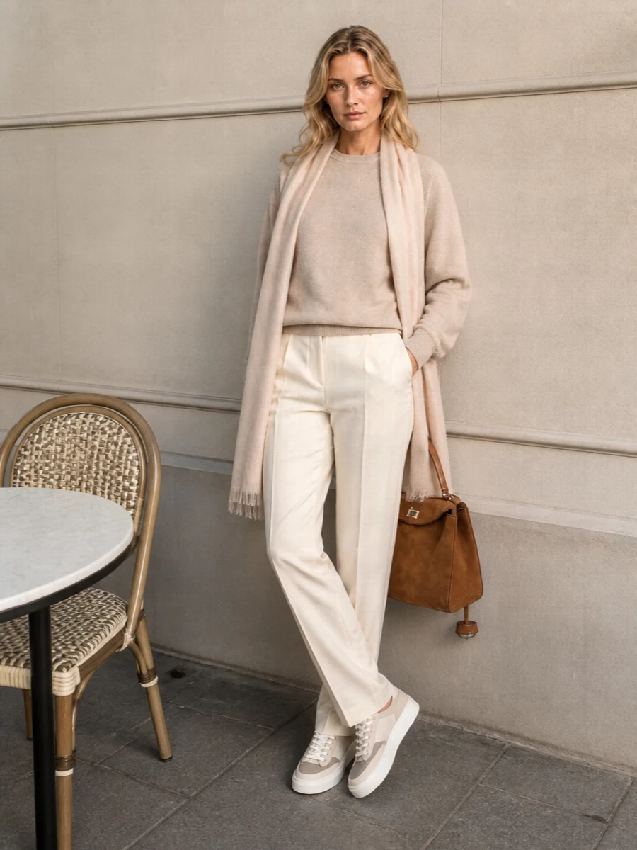 Balenciaga beige sweater ivory trousers outfit