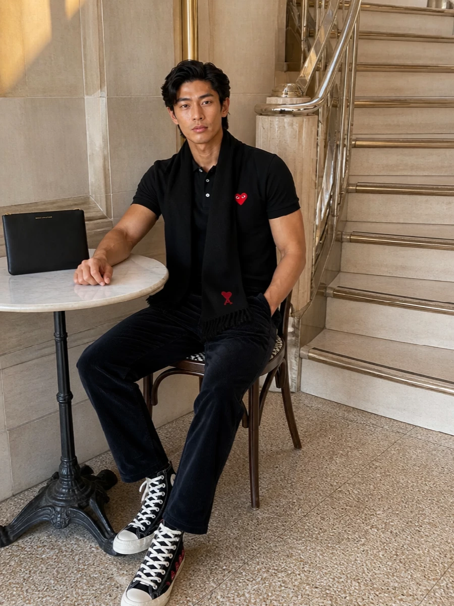 Comme des garcons play polo corduroy trousers outfit