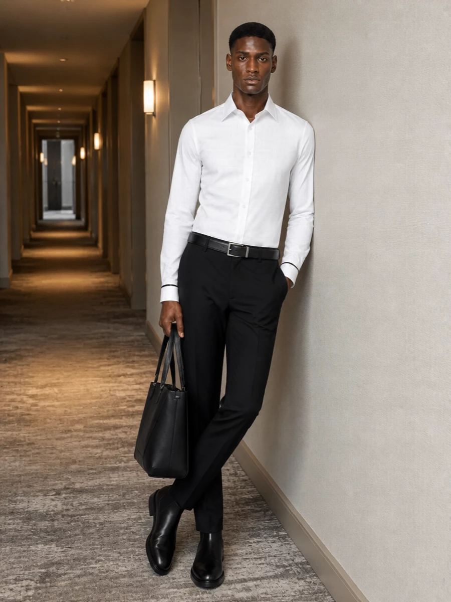 Alexander mcqueen black trousers white shirt outfit