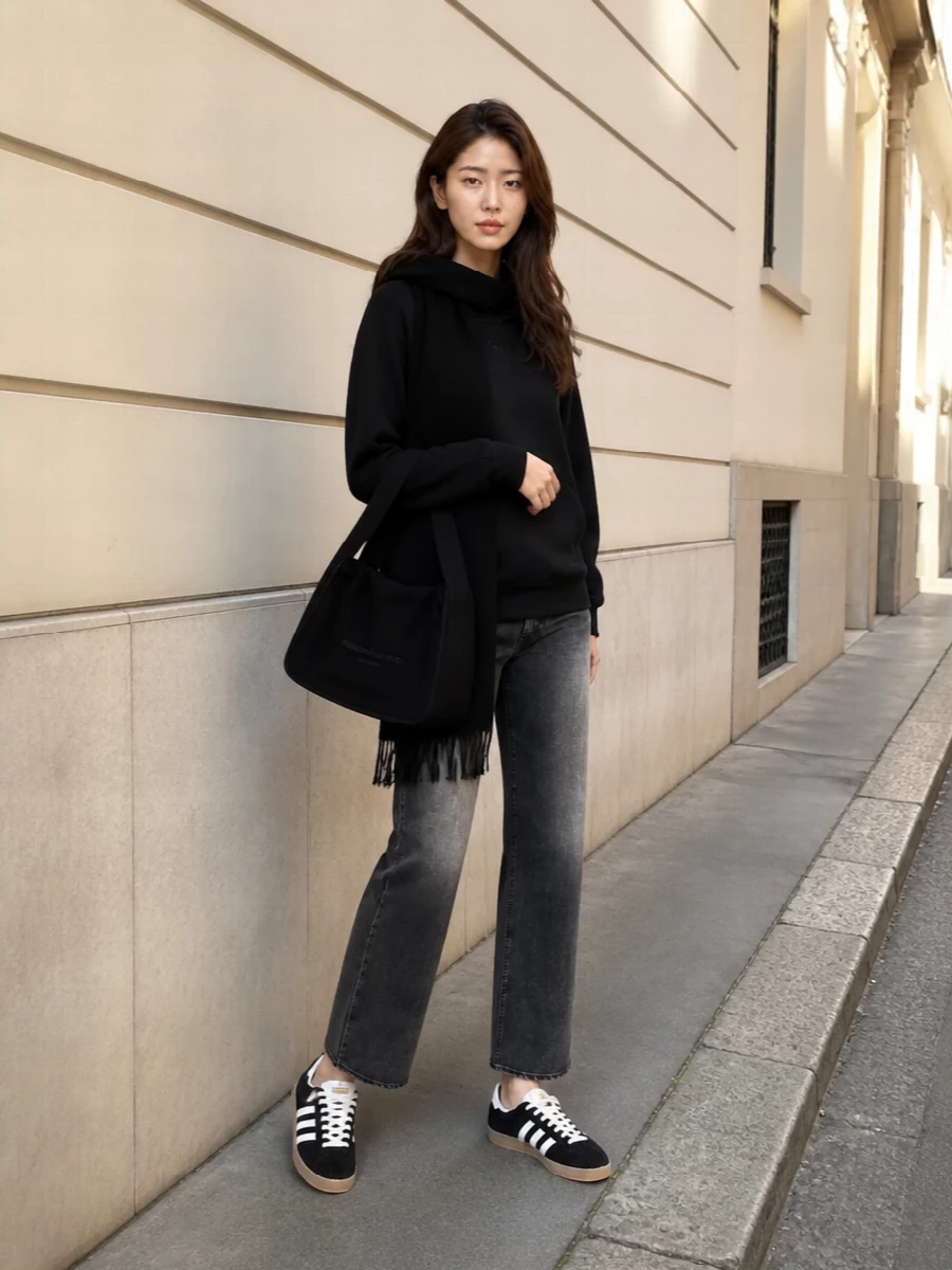 A pure black Zadig & Voltaire hoodie sits over washed charcoal Haikure denim for a tight, monochrome streetwear base that feels easy but intentional. Adidas low-top sneakers keep everything agile and graphic at ground level, while the Alexander Wang shoulder bag and a fringed Marant scarf layer in texture and quiet attitude without breaking the dark palette. It is an off-duty city uniform that reads relaxed, slightly grunge and quietly polished all at once.