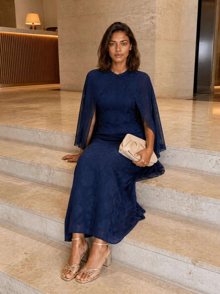 A midnight Forte Forte column meets soft champagne and buttercream accents for a quietly dramatic evening ensemble. Metallic-textured sandals and a sculptural neutral clutch catch just enough light, keeping the focus on the fluid jacquard and cape. A gauzy navy wrap finishes the story with a whisper of shimmer, ideal for dinners or openings where elegance is meant to be noticed only up close.