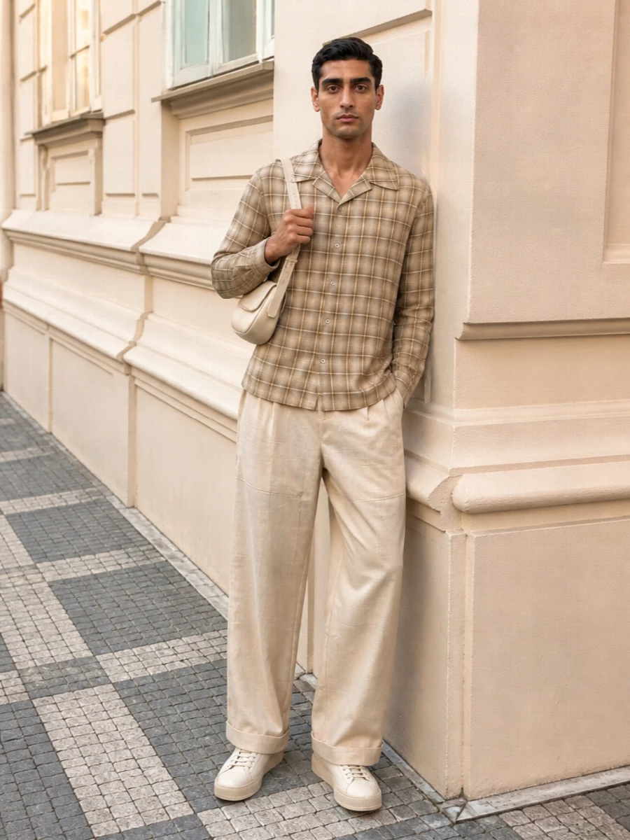 Sefr checked shirt etro wide trousers sneakers
