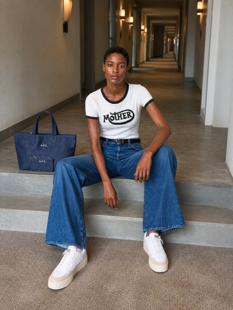 Mother wide leg jeans ringer tee autry sneakers