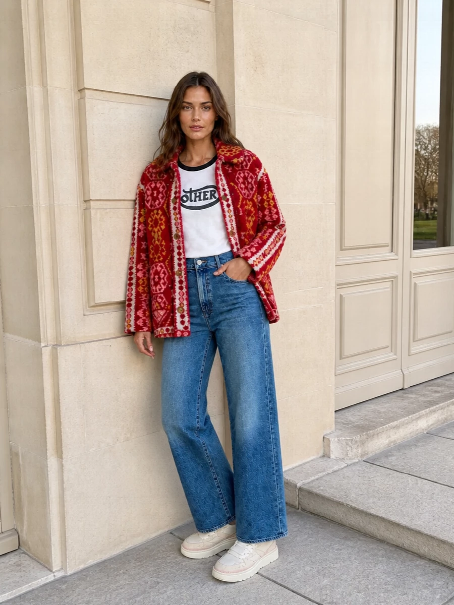 Mother red shearling jacket wide leg jeans outfit