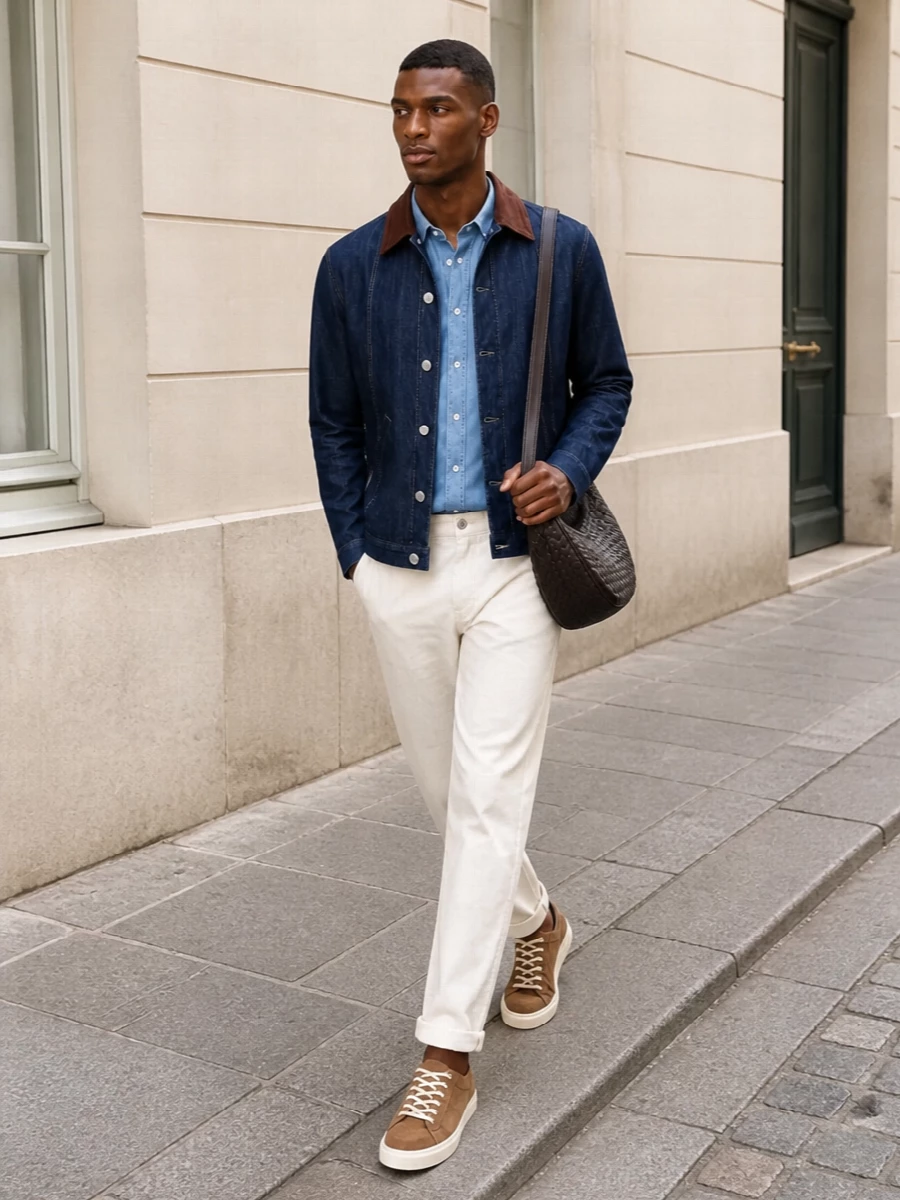Brunello cucinelli indigo shirt jacket outfit