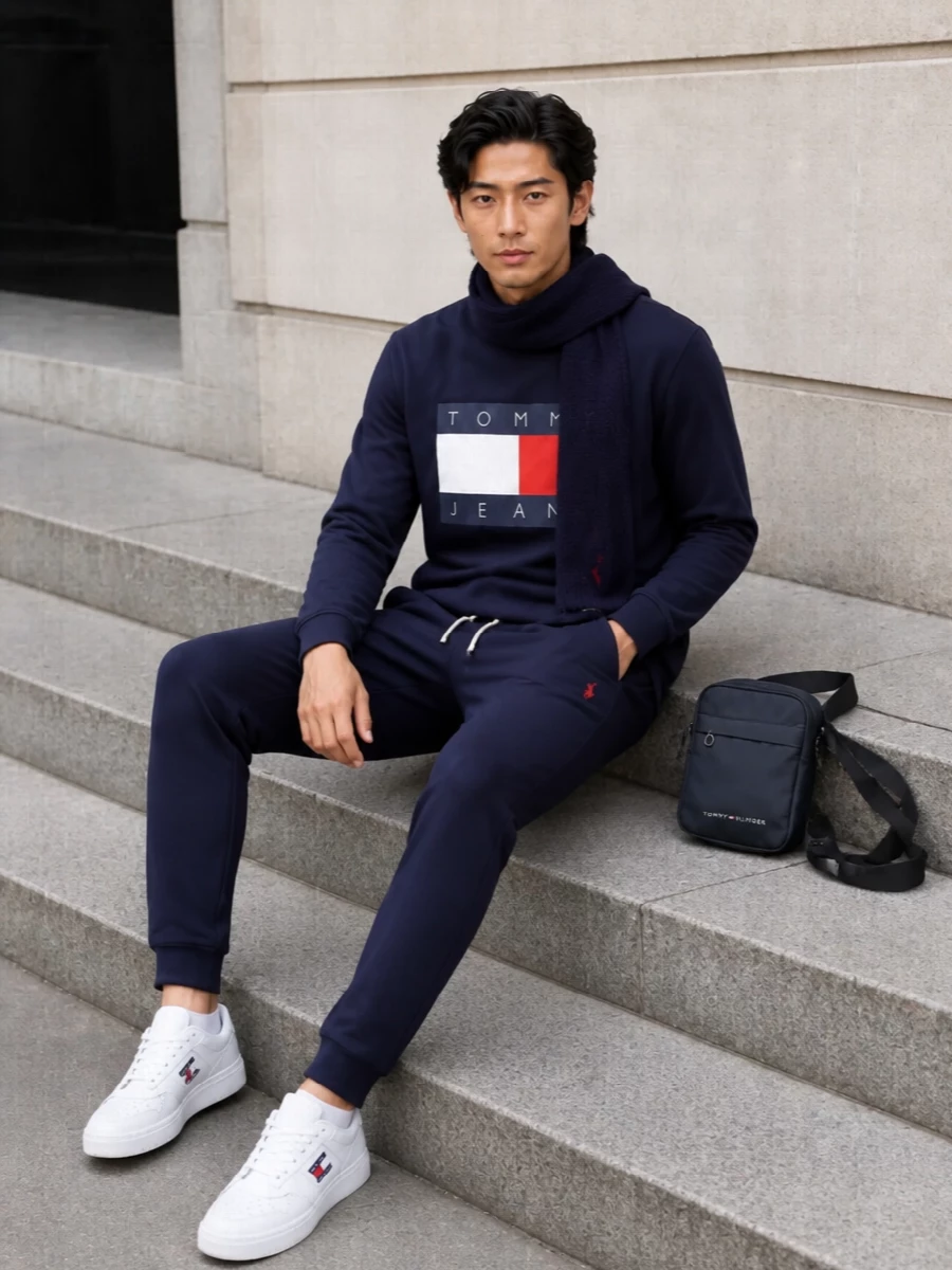 Tommy hilfiger sweatshirt navy joggers white sneakers