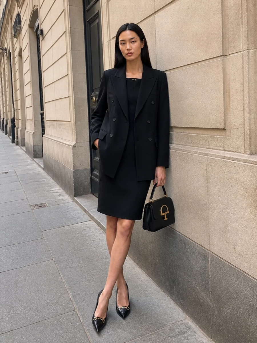 Gucci black blazer sheath dress outfit