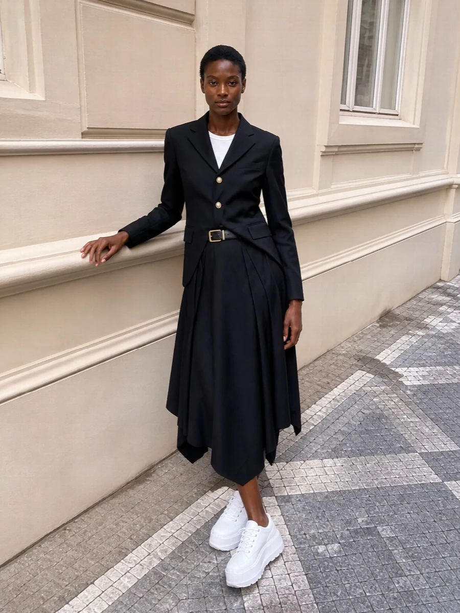 Comme des garcons blazer asymmetric midi skirt