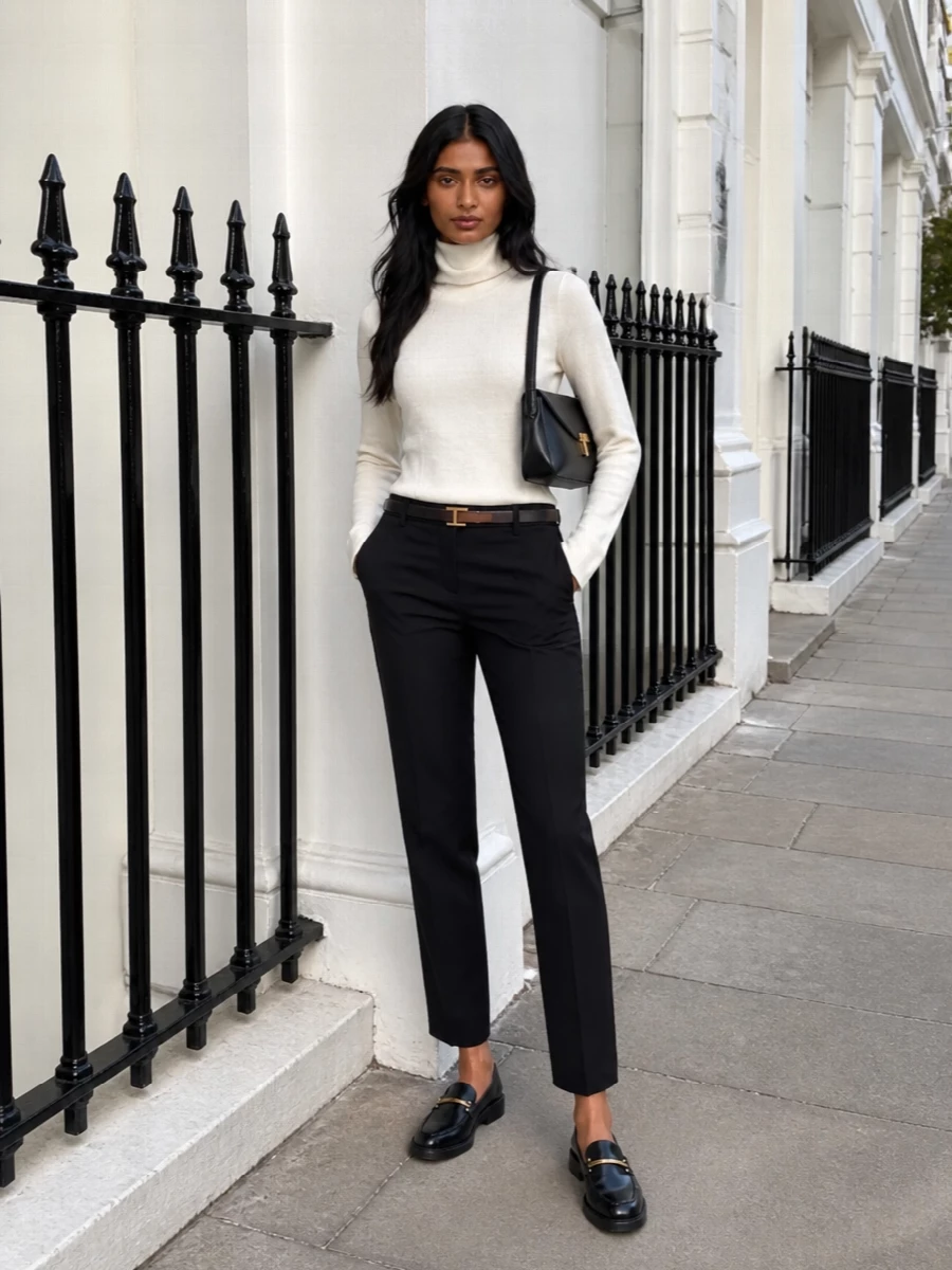 Toteme black trousers ivory turtleneck outfit