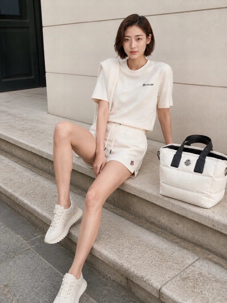 Moncler ivory t shirt shorts minimalist outfit