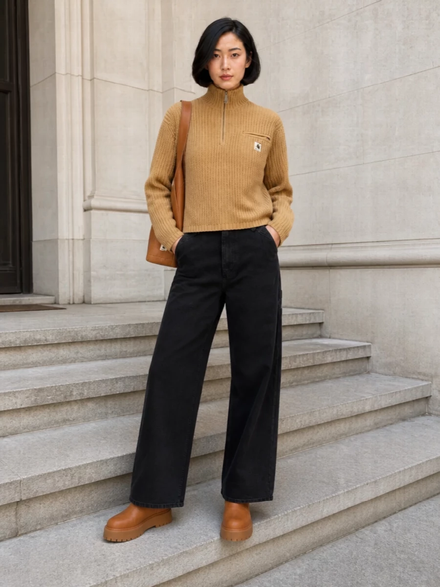 Carhartt camel half zip wide leg jeans outfit