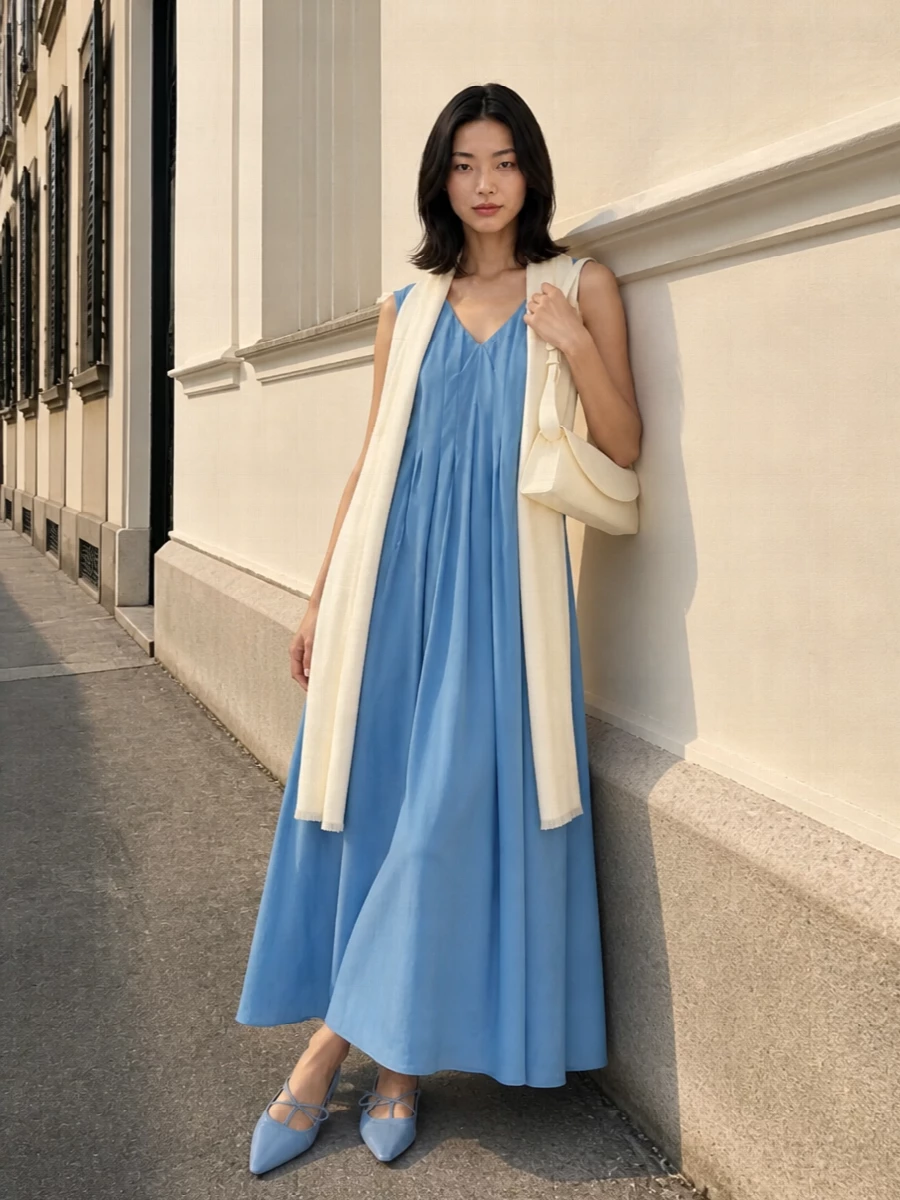 Max mara blue maxi dress jil sander buttercream bag