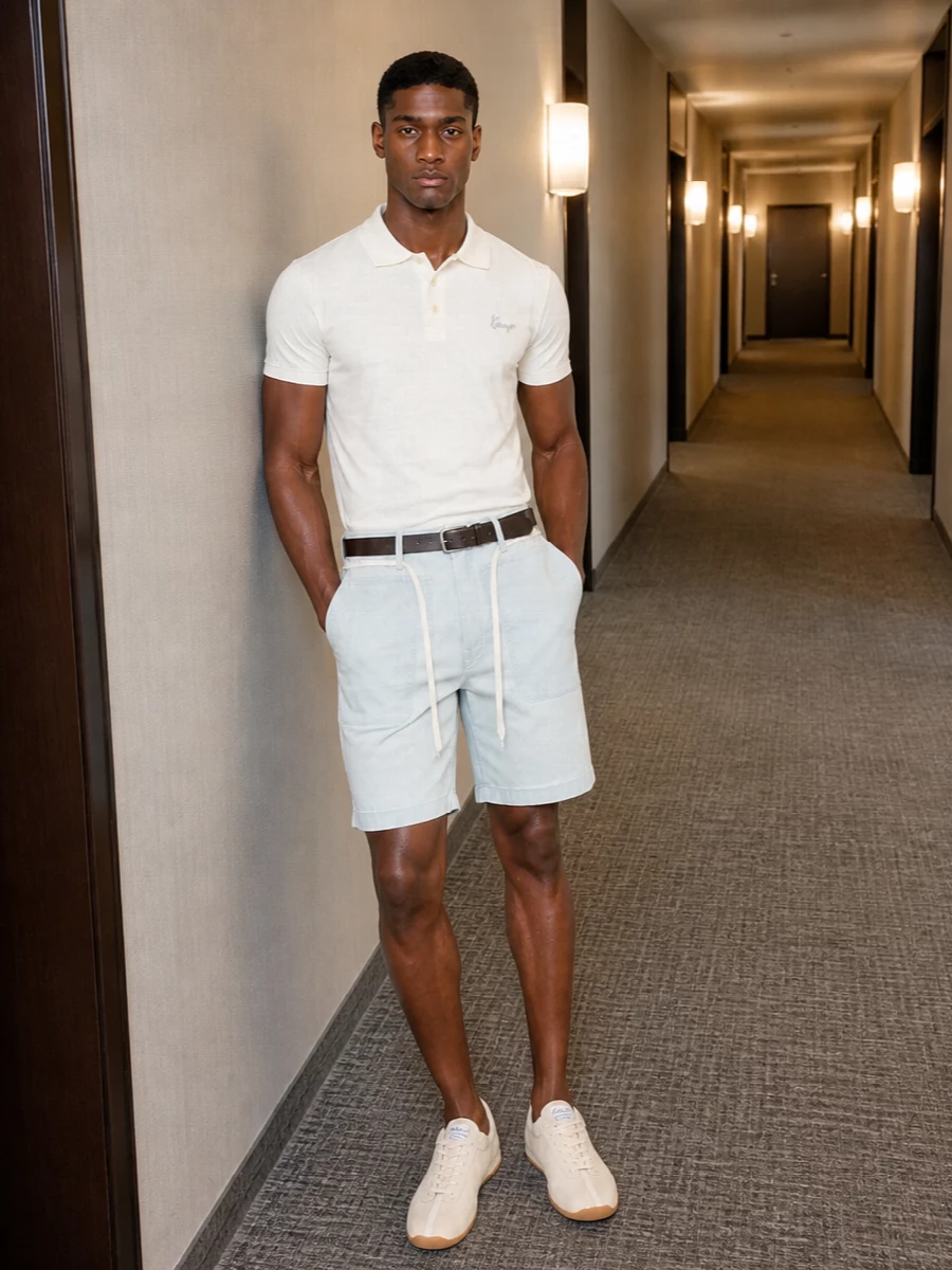 Kenzo polo ice blue shorts cream sneakers
